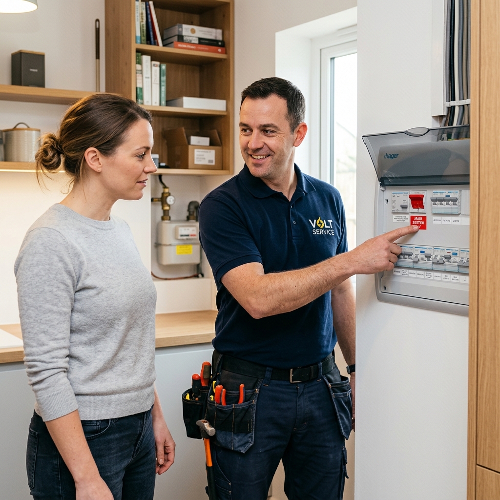 Electrician pointing at consumer unit safety switches